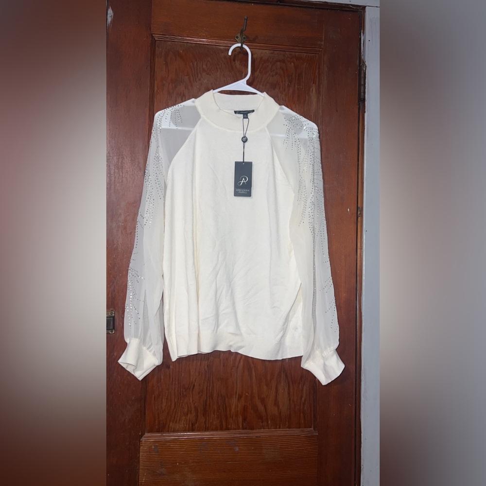 Adrianna Papell Cream Blouse with Sheer Sleeves